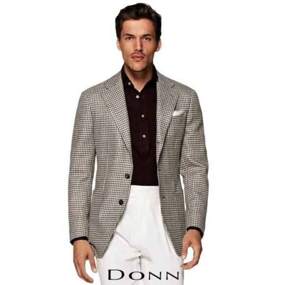Donna Karan Men’s 100% Wool Houndstooth Blazer Black/Brown Size 46 Regular - Picture 1 of 8